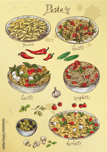 hand drawing set of pasta