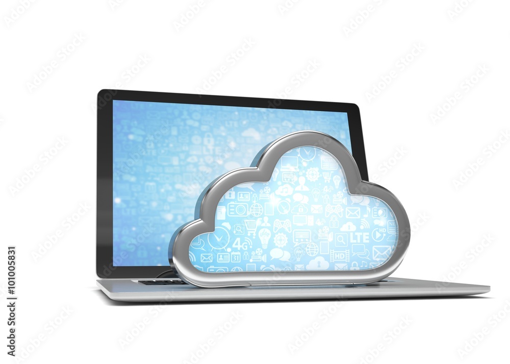 Laptop with cloud computing symbol on keyboard. 3d render Laptop with cloud computing symbol on keyboard. 3d render