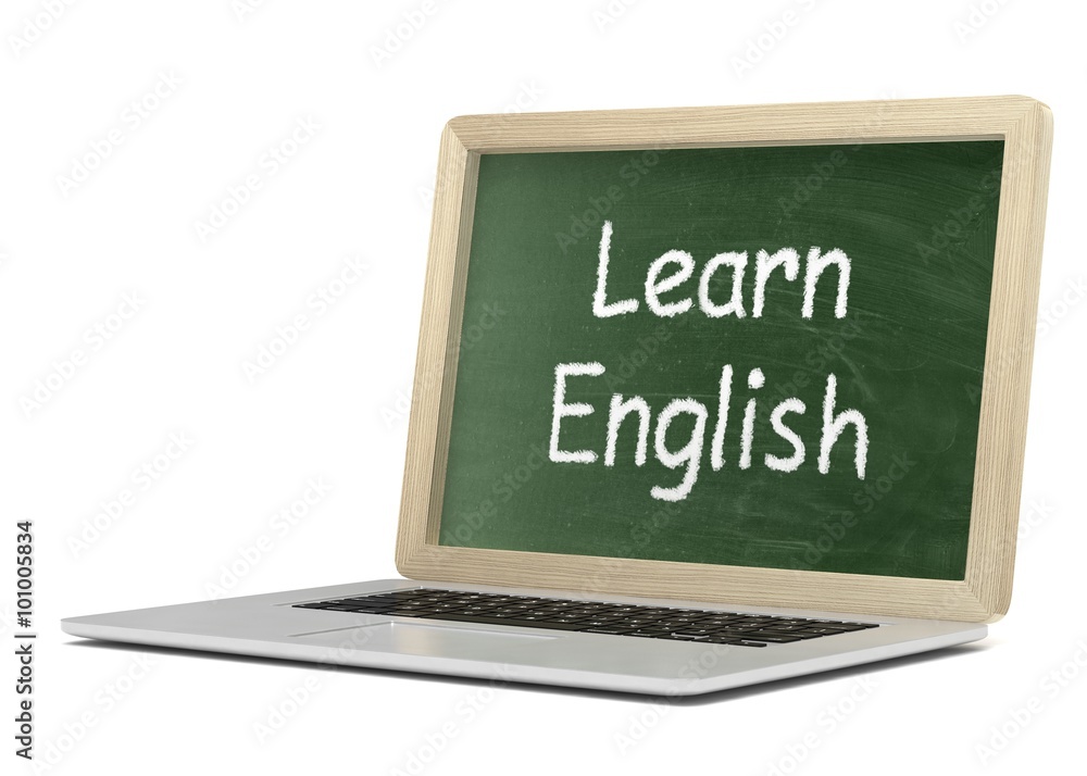  Laptop with chalkboard, learn english, online education concept