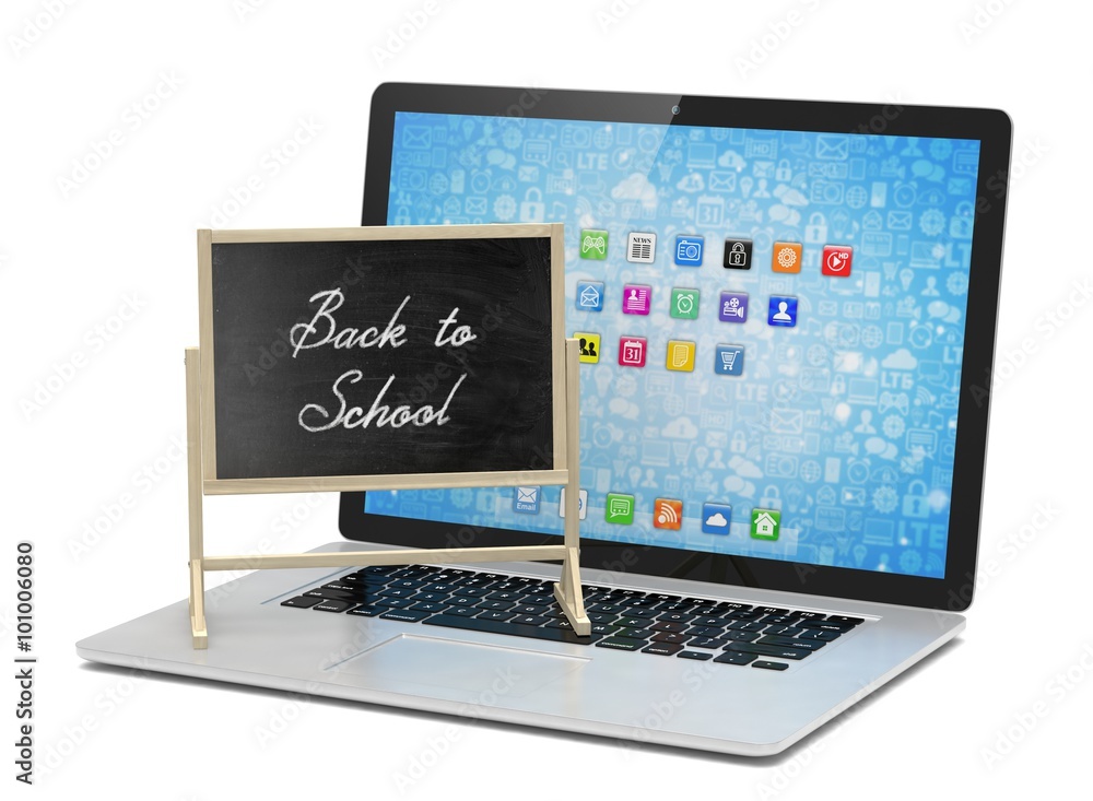 Laptop with chalkboard, back to school, online education concept Laptop with chalkboard, back to school, online education concept