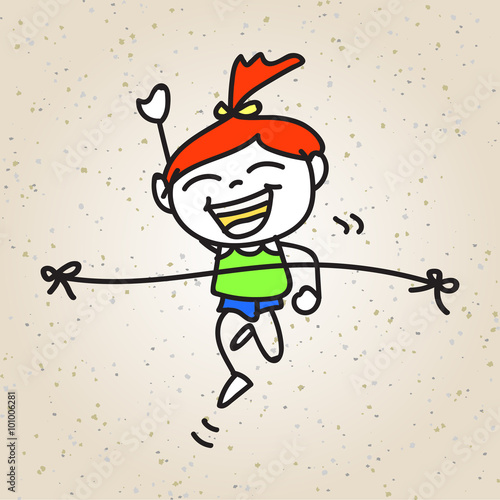 hand drawing cartoon happy kid running marathon