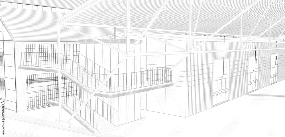 Perspective 3D render of interior wireframe. blueprint background (my own design)
