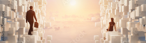 3D Businessman and dreaming woman looking to the future inside an amazing scene with clouds 
