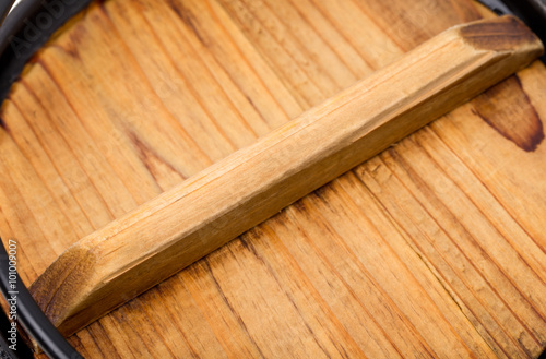 Closeup of wooden cap for pan.