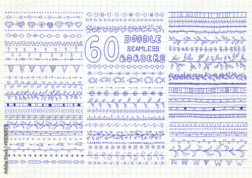 Collection of 60 vector seamless borders in doodle style