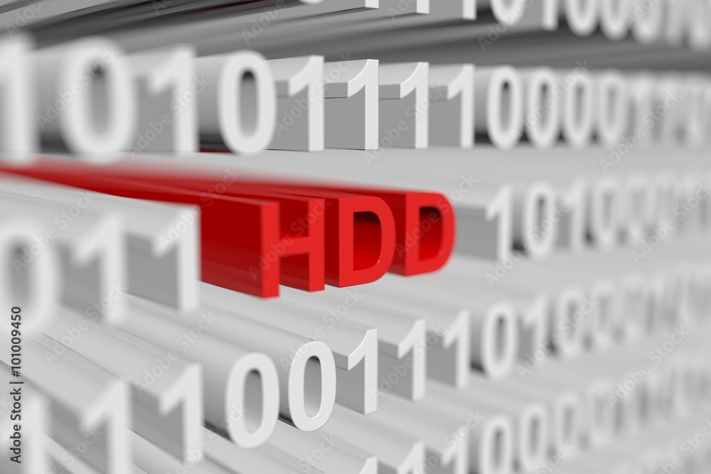 HDD represented as a binary code with blurred background