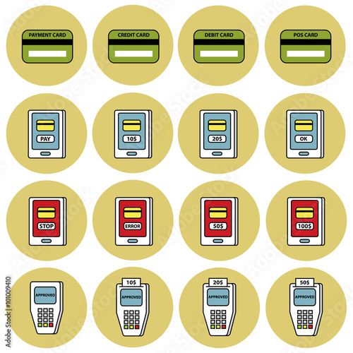 Mobile payment via smartphone and payment terminal vector icon set