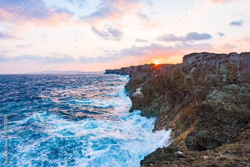 Sunrise, sea, cliffs, seascape. Okinawa, Japan. 