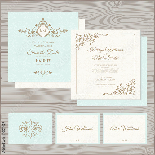 Wedding classic set. Wedding invitation, save the date card, place card.