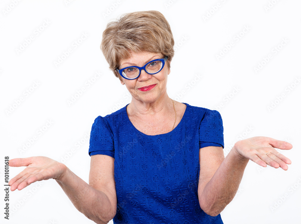 Samolepka Pretty mature European woman making a helpless gesture, white background