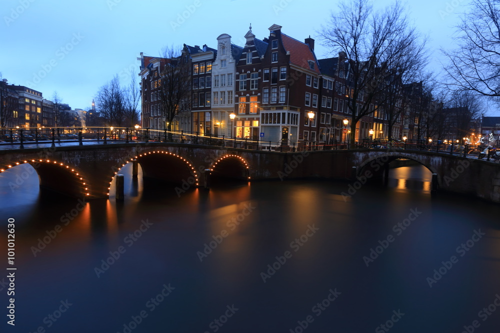 Canals in Amsterdam at night, Natherlands.