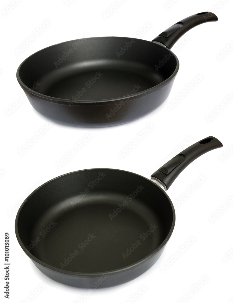 Set of black frying pan isolated on white background Set of black frying pan isolated on white background