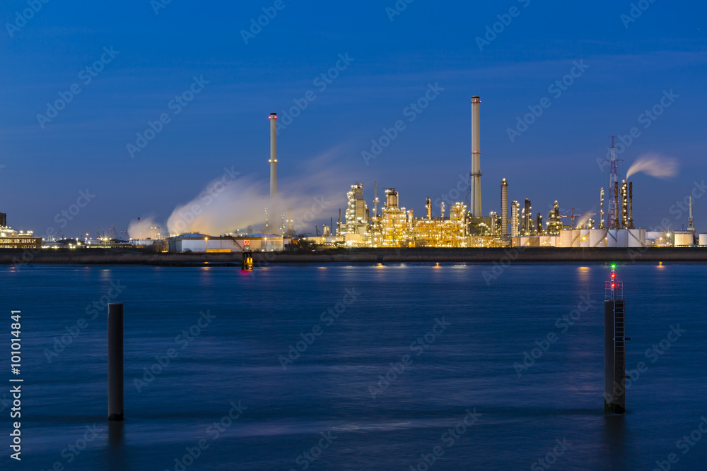 Chemical Plant In Harbor At Night