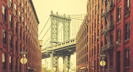 Retro stylized Manhattan Bridge seen from Dumbo, New York.