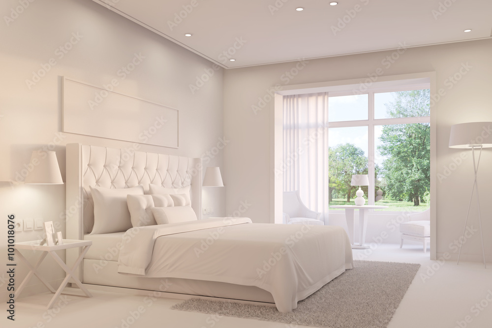 Weißes Schlafzimmer mit Doppelbett Weißes Schlafzimmer mit Doppelbett