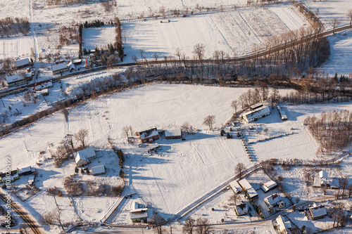 aerial view over the harvest fields in winter