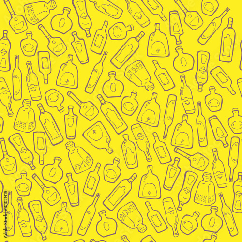 Seamless pattern with hand drawn bottles on yellow backdrop