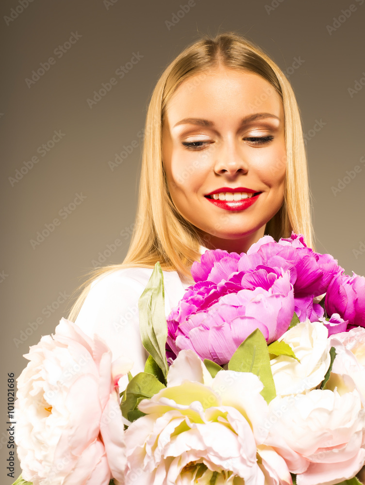 happy girl with flowers