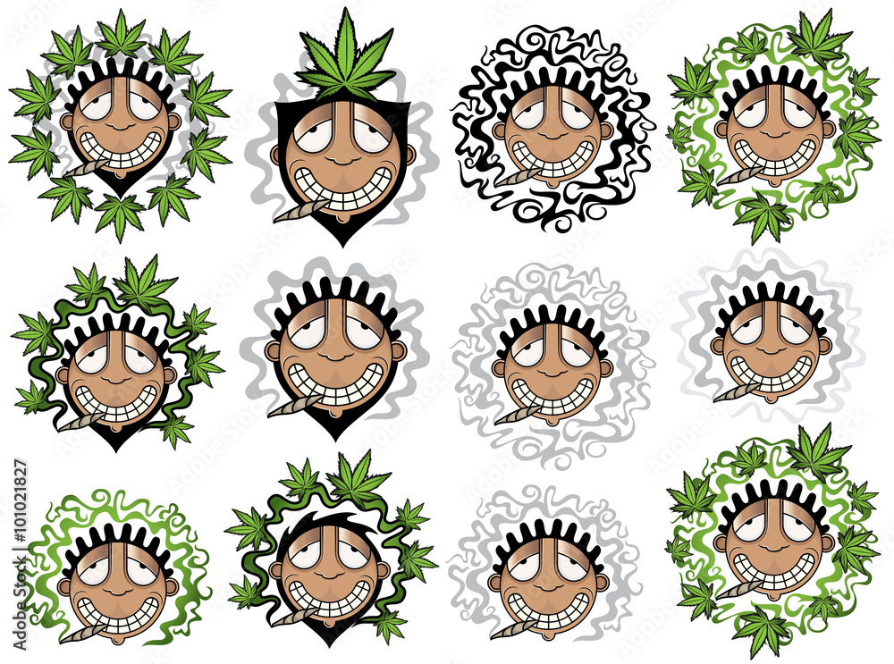 Happy relaxed rastafarian guy smoking marijuana joint with cannabis leaf decoration vector illustration Happy relaxed rastafarian guy smoking marijuana joint with cannabis leaf decoration vector illustration