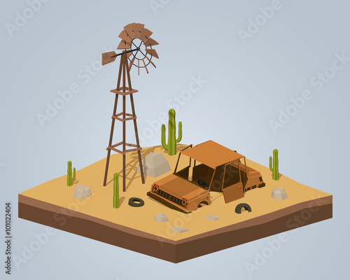 Old rusty car in the desert. 3D lowpoly isometric vector concept illustration suitable for advertising and promotion