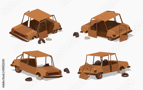 Old rusty car. 3D lowpoly isometric vector illustration. The set of objects isolated against the white background and shown from different sides