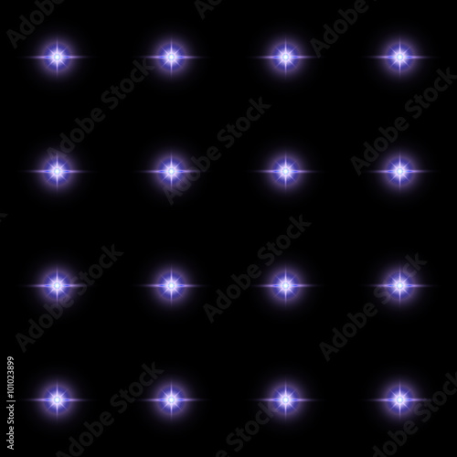 Seamless pattern of luminous stars. Illusion of light flashes. Purple flames on a black background. Abstract background. Vector illustration. 