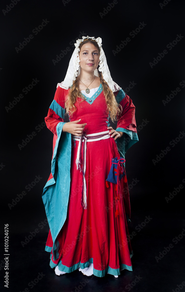 Portrait of medieval girl wearing red