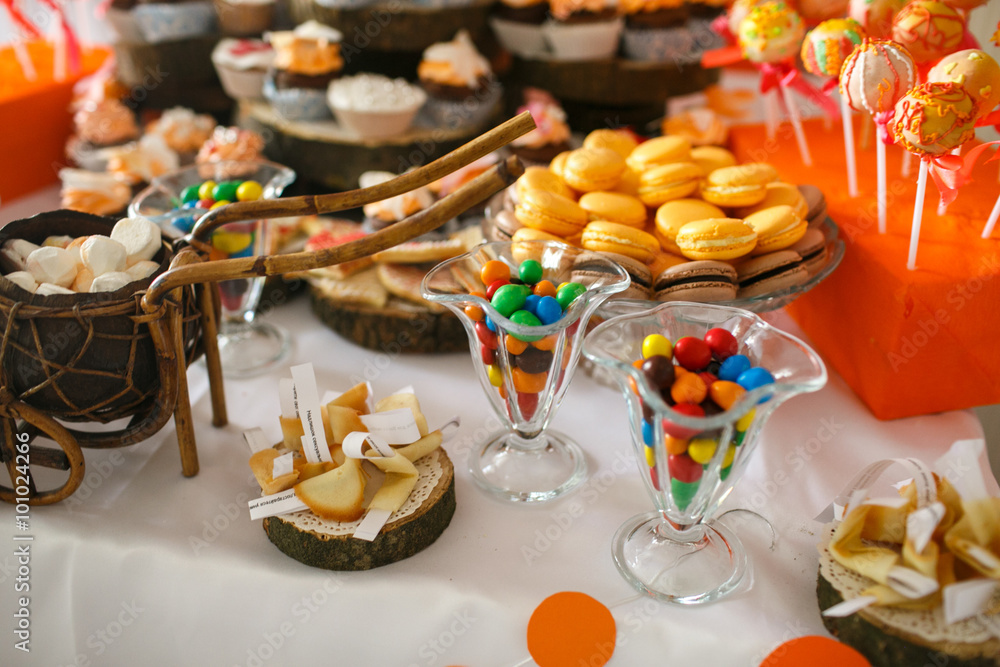 stylish luxury decorated orange candy bar for the celebration of