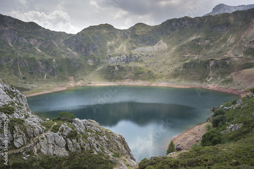 Views of Lago de la Cueva (Lake of the Cave) in Saliencia Valley, Somiedo Nature Reserve. It is located in the central area of the Cantabrian Mountains,  Asturias, Spain photo