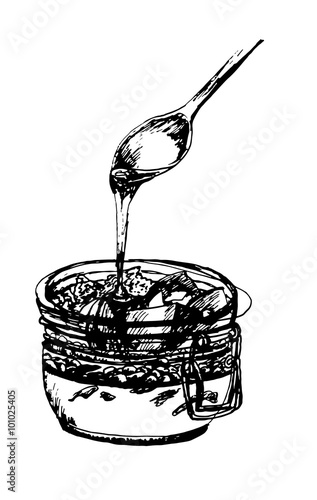 dessert spoon of honey flows in a jar with fruit, nuts and souffles, hand drawn ink sketch vector illustration