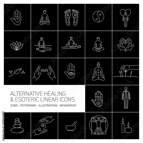 alternative healing and esoteric linear icons set white on black