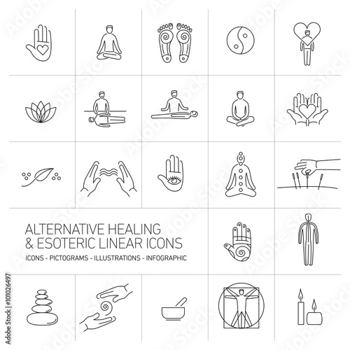 alternative healing and esoteric linear icons set black on white