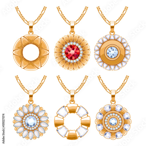 Elegant gemstones vector jewelry round pendants set.