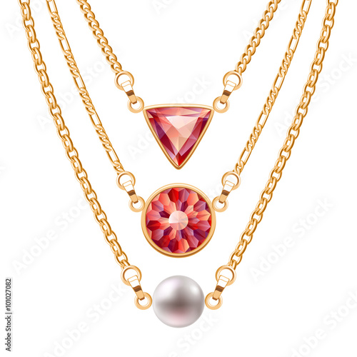 Golden chain necklaces set  with round triangle ruby pendants and pearl.