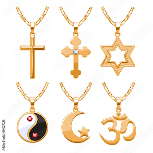 Elegant gemstones vector jewelry religious symbols pendants set.