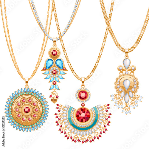 Set of golden chains with different pendants.