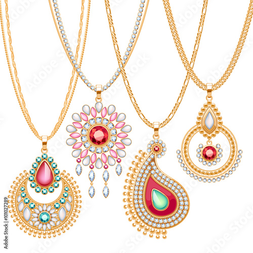 Set of golden chains with different pendants.