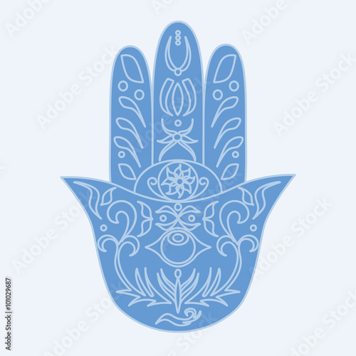 Elegant ornate hand drawn Hamsa. Hand of Fatima. Good luck and protection amulet in Indian, Arabic Jewish cultures. Ornamental vector illustration.Card with symbol of strength and happiness.
