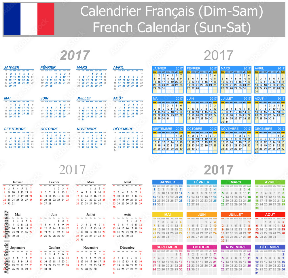 2017 French Mix Calendar Sun-Sat on white background 2017 French Mix Calendar Sun-Sat on white background