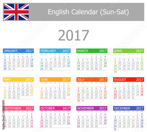 2017 English Type-1 Calendar Sun-Sat on white background