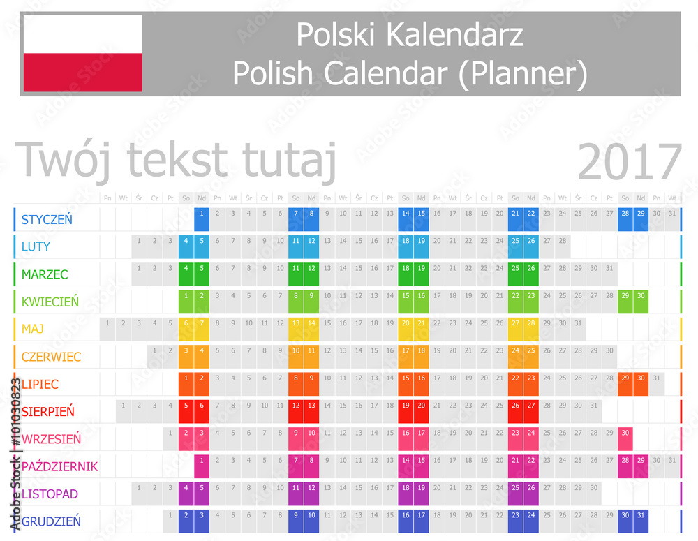 2017 Polish Planner Calendar with Horizontal Months on white background