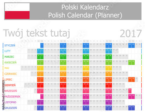 2017 Polish Planner Calendar with Horizontal Months on white background