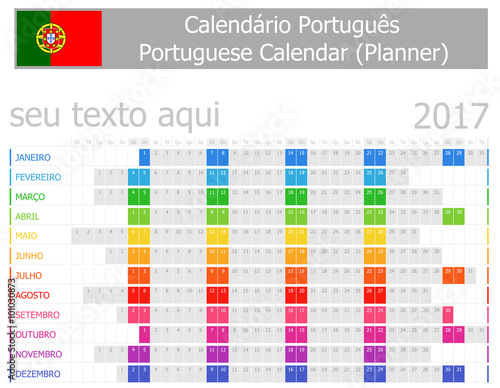 2017 Portuguese Planner Calendar with Horizontal Months on white background
