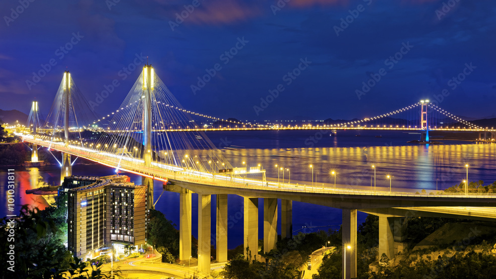 Taffic Night scene of Ting Kau suspension bridge Taffic Night scene of Ting Kau suspension bridge