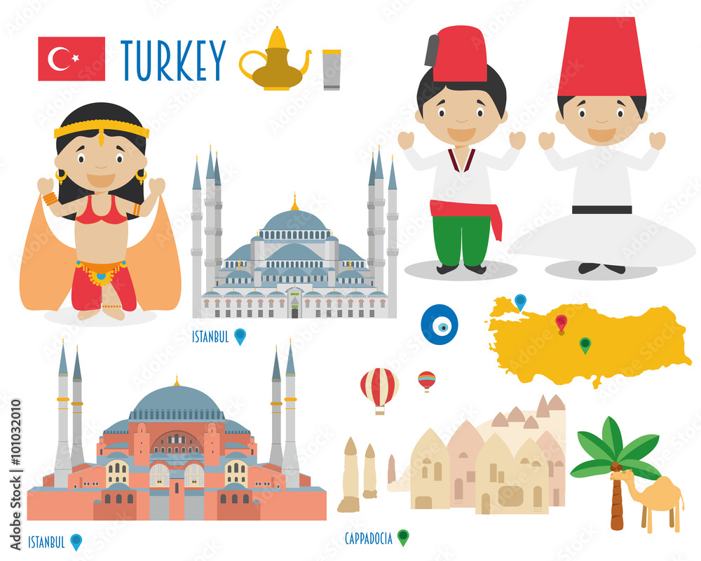 Turkey Flat Icon Set Travel and tourism concept. Vector illustration