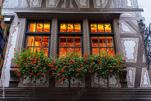 A flower bed of flowers on the window facade of the old house in europe . France