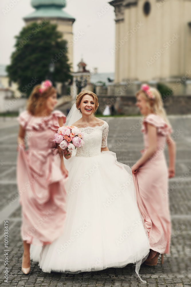 Gorgeous smiling elegant bride in white dress posing with brides