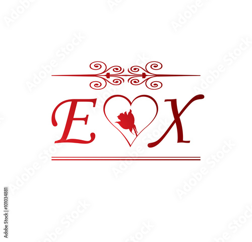 EX love initial with red heart and rose