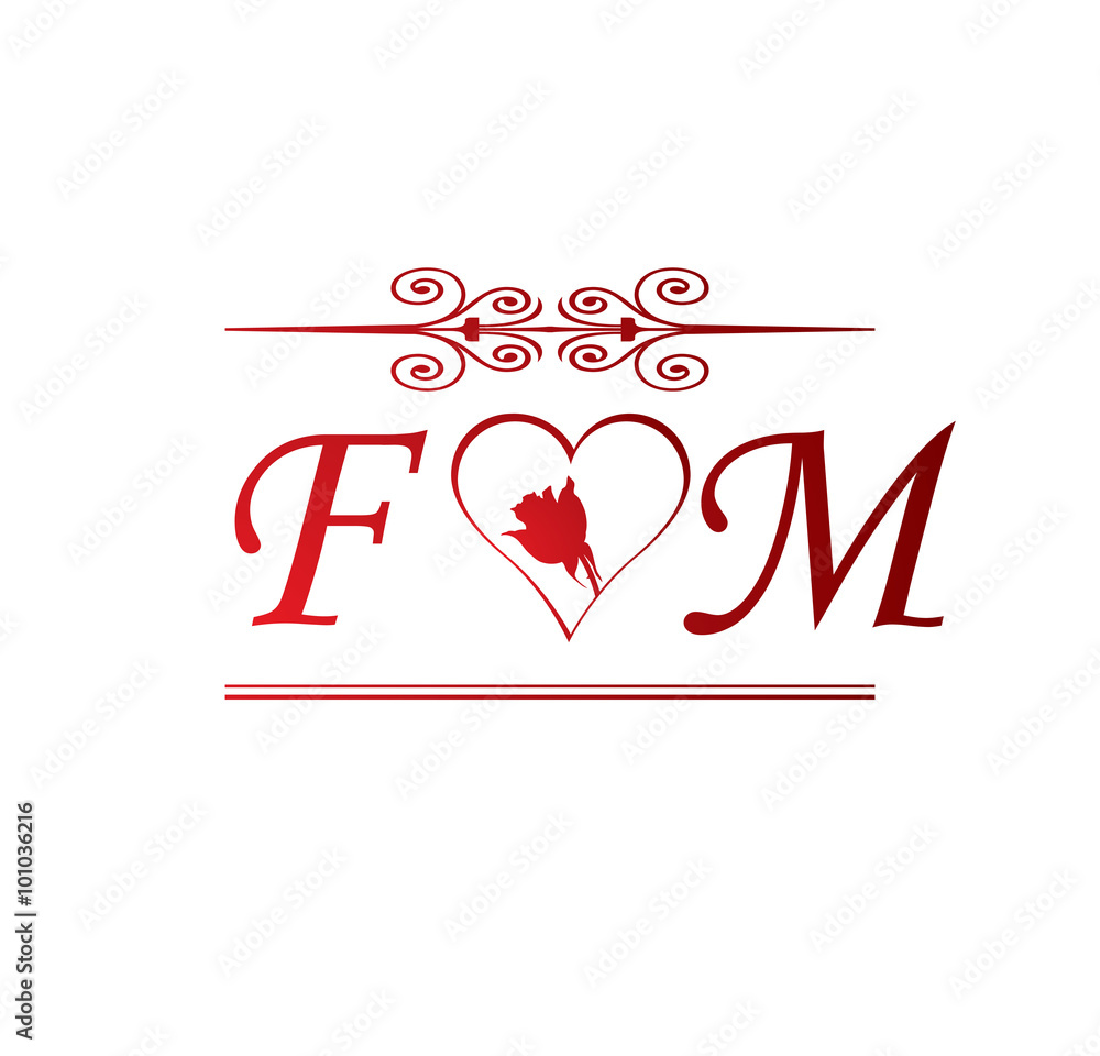 FM love initial with red heart and rose Stock Vector | Adobe Stock