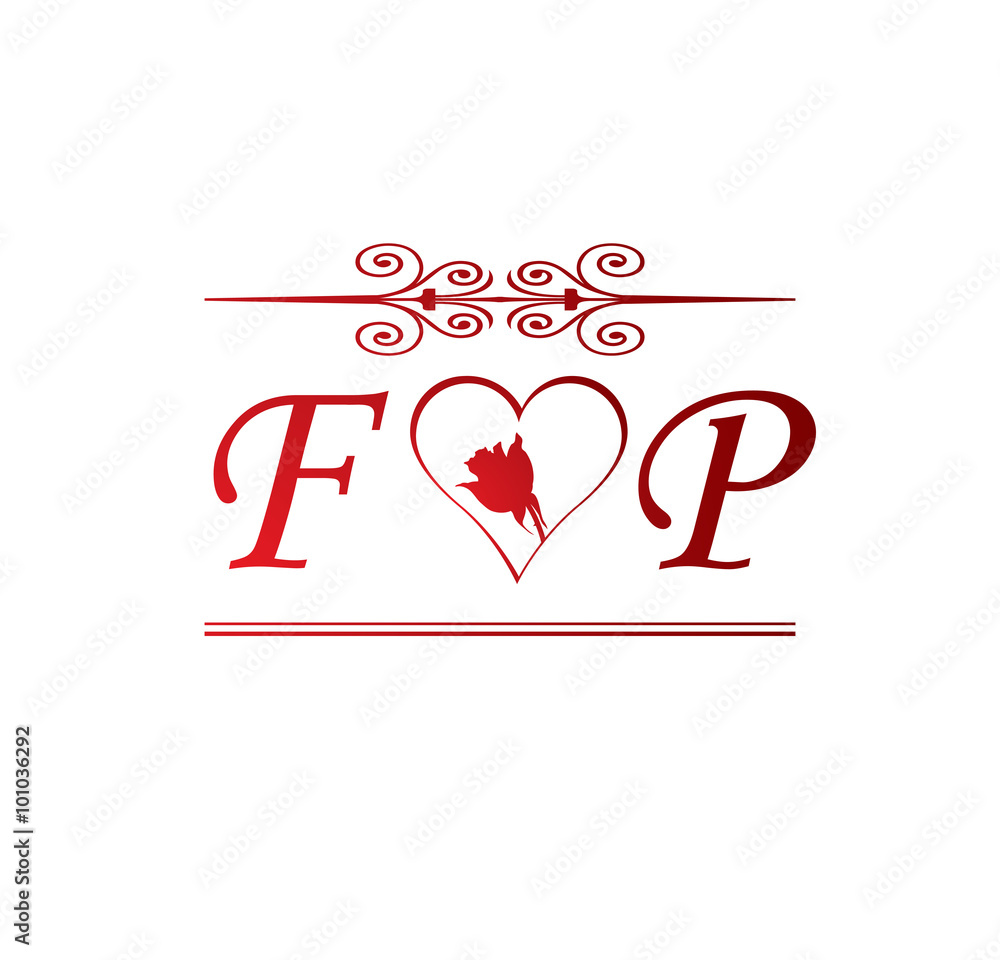 FP love initial with red heart and rose Stock Vector | Adobe Stock